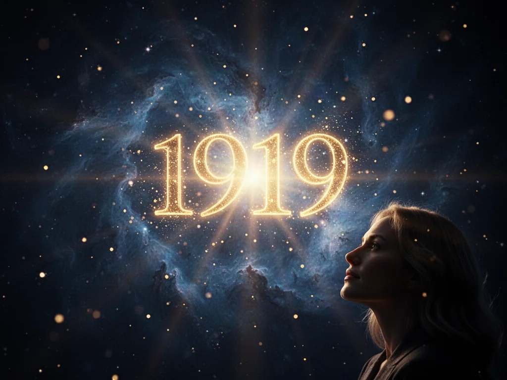 Eteryczna liczba 1919 unosząca się w kosmicznej mgławicy, na którą z nadzieją patrzy kobieta, symbolizując duchowe przesłanie.