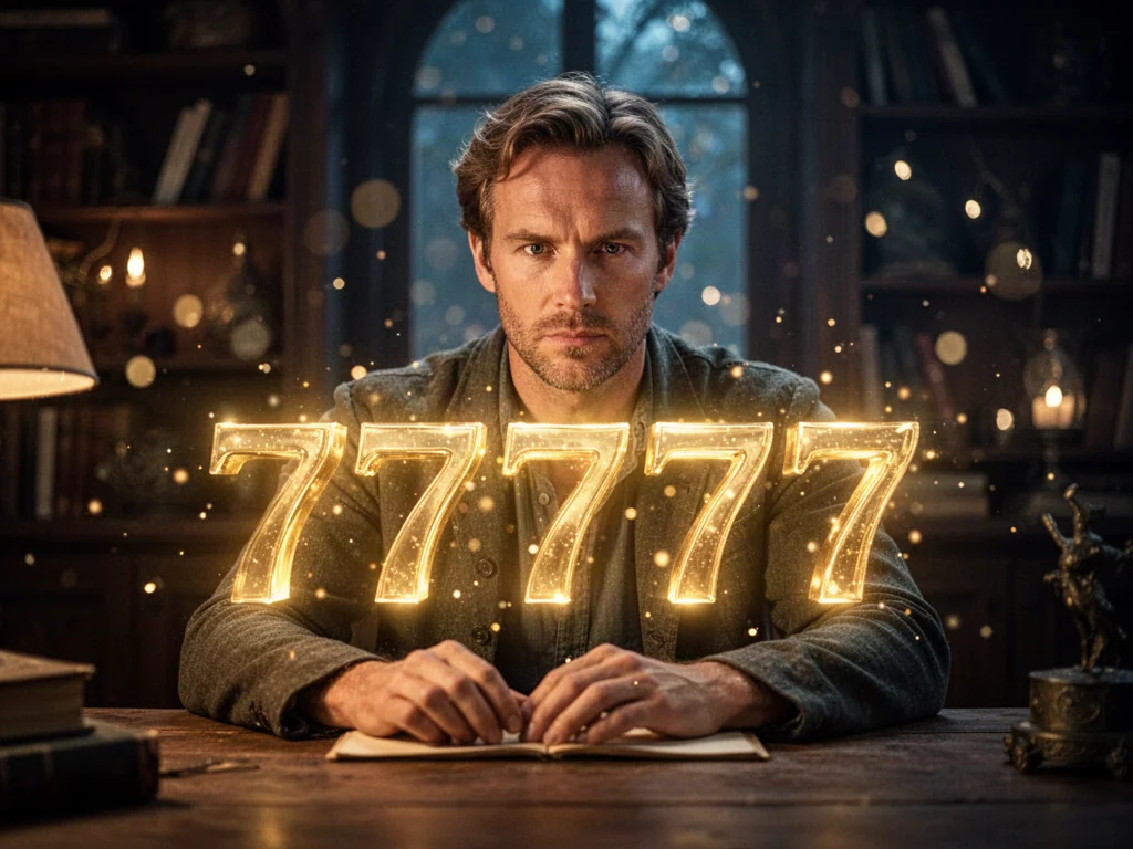 Mężczyzna w skupieniu patrzy na unoszące się w powietrzu złote cyfry 7777, symbolizujące duchowe znaczenie tej liczby.