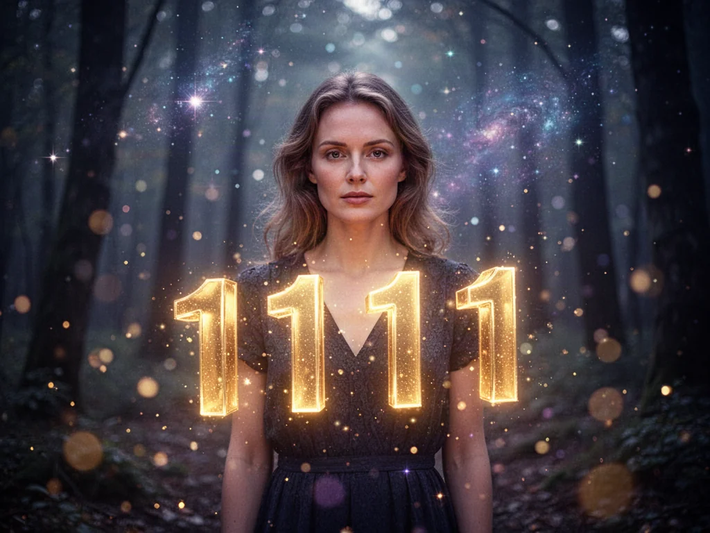 Kobieta w mistycznym, kosmicznym lesie, przed którą unoszą się złote, świetliste cyfry „1111” symbolizujące numerologię.