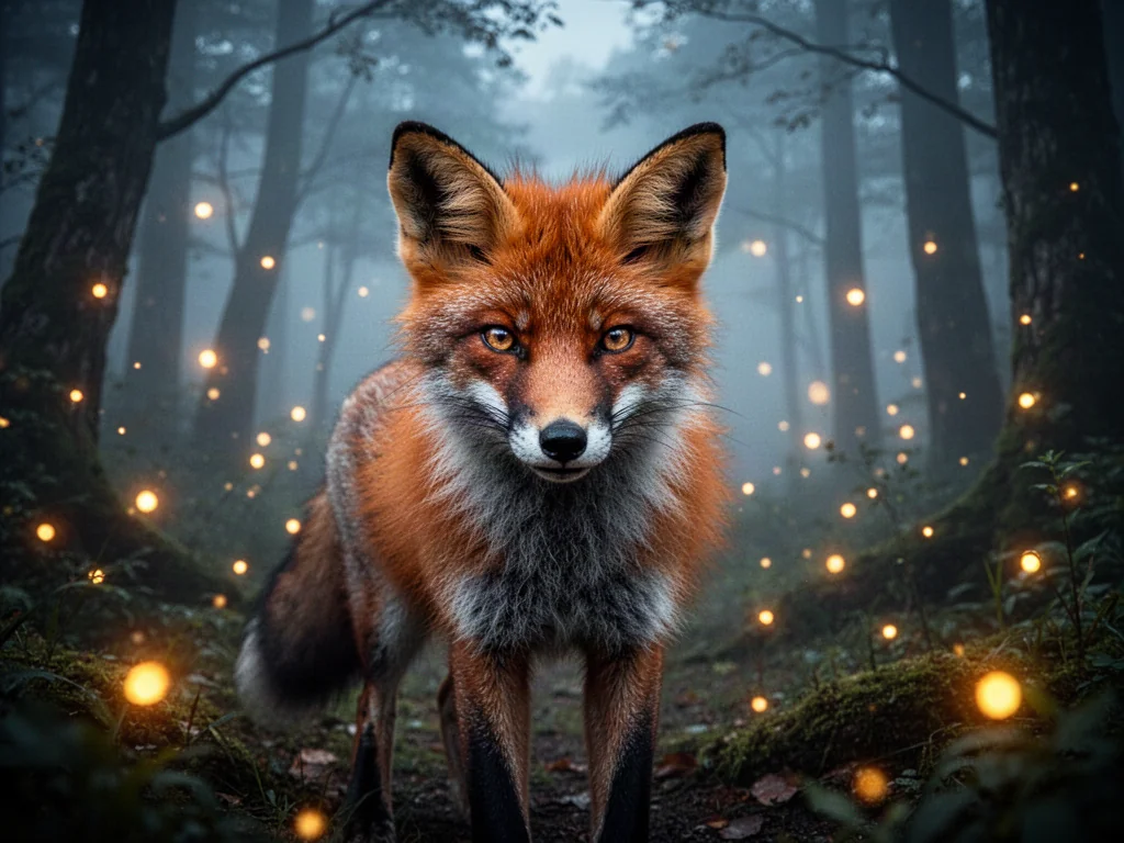 Tajemniczy lis w magicznym, mglistym lesie o zmierzchu, symbolizujący głębię i zagadkowość sennych wizji.