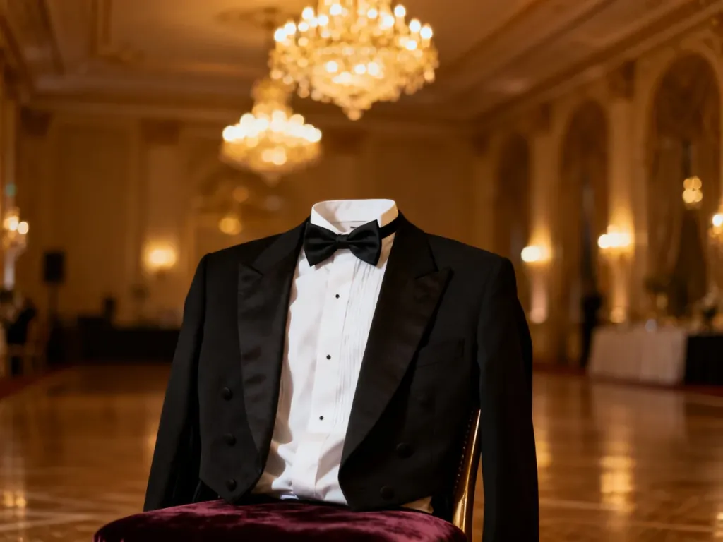 Elegancki czarny smoking z białą koszulą i muszką przygotowany na wieczorne wyjście w luksusowej sali balowej.