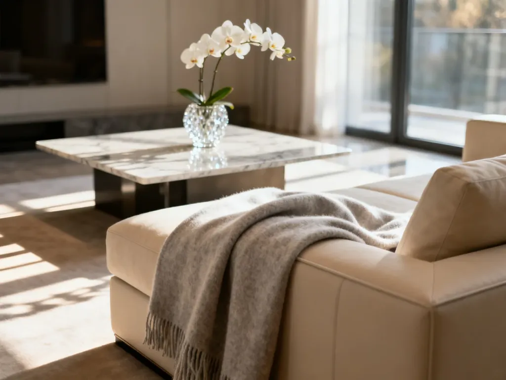 Minimalistyczny salon w stylu quiet luxury z beżową sofą, kaszmirowym kocem i eleganckimi storczykami w świetle poranka.