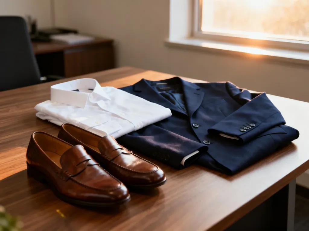 Zestaw ubrań w stylu smart casual: biała koszula, granatowa marynarka i brązowe mokasyny ułożone na drewnianym stole.