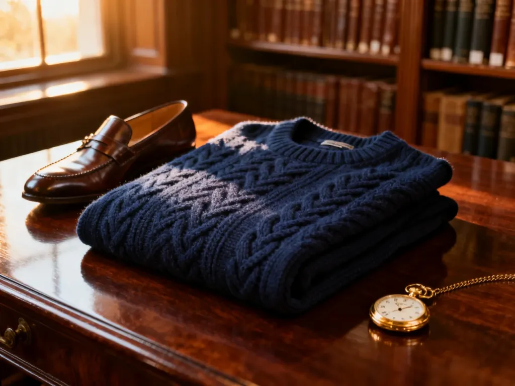 Granatowy sweter w warkoczowy splot, mokasyny i zegarek na drewnianym stole, budujące elegancki klimat stylu preppy.