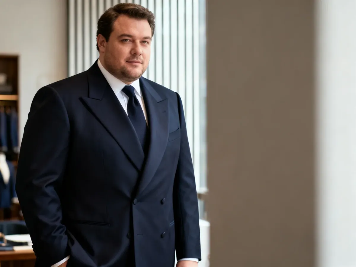 Masywny mężczyzna w granatowym garniturze z szerokimi klapami