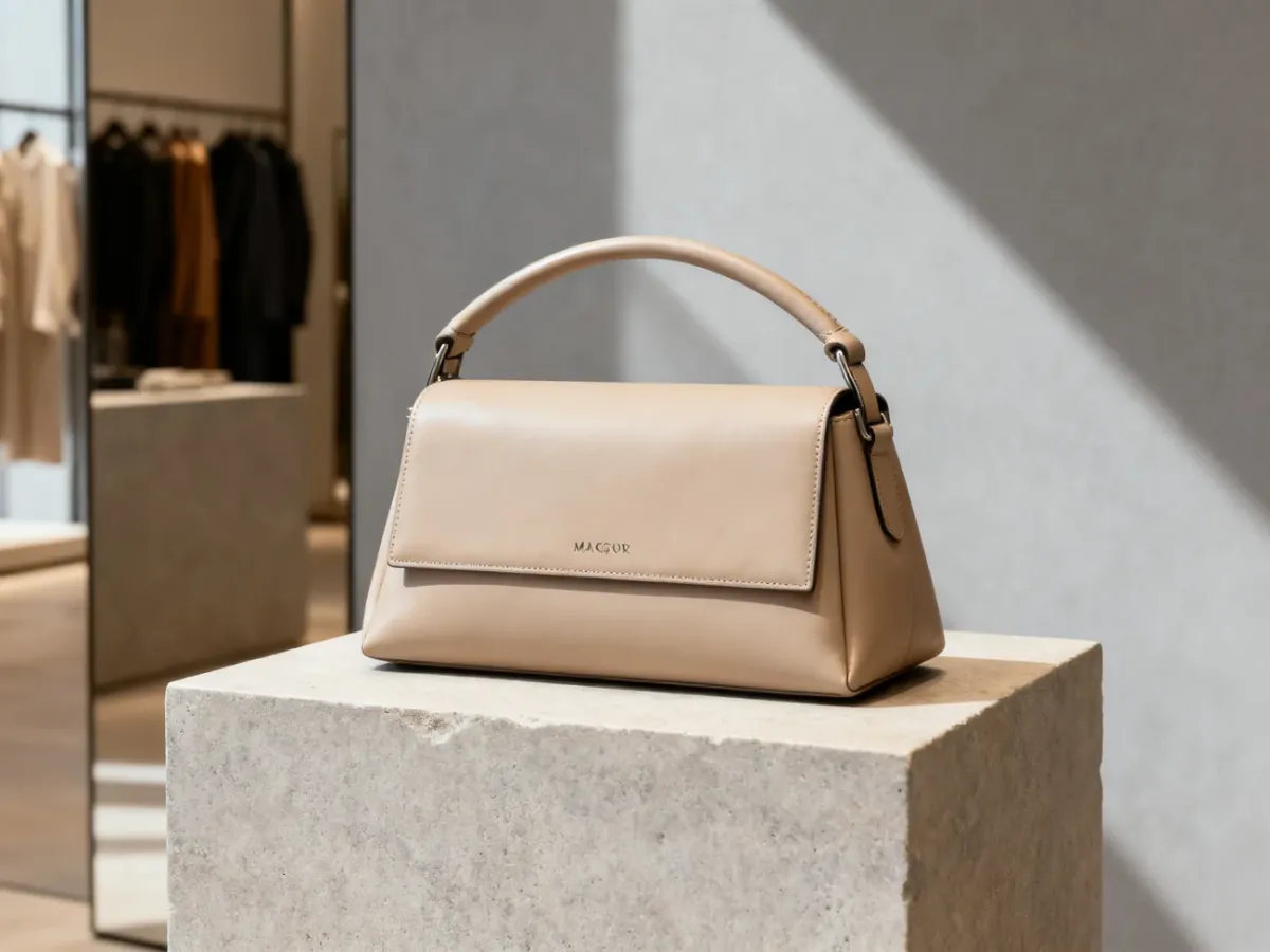 Minimalistyczna torebka The Row Margaux w neutralnym, eleganckim wnętrzu