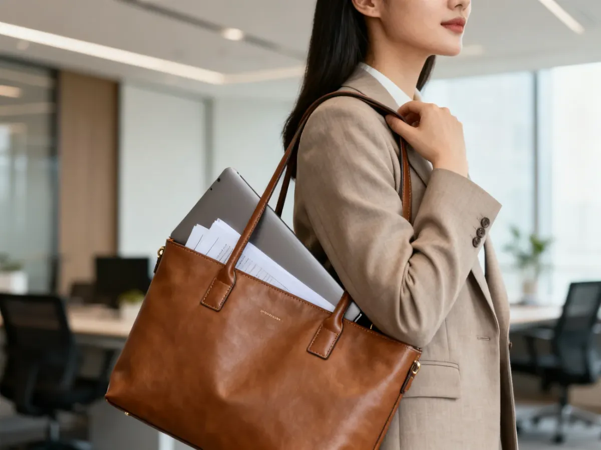 Kobieta w stroju biznesowym z klasyczną skórzaną torbą typu tote w biurze