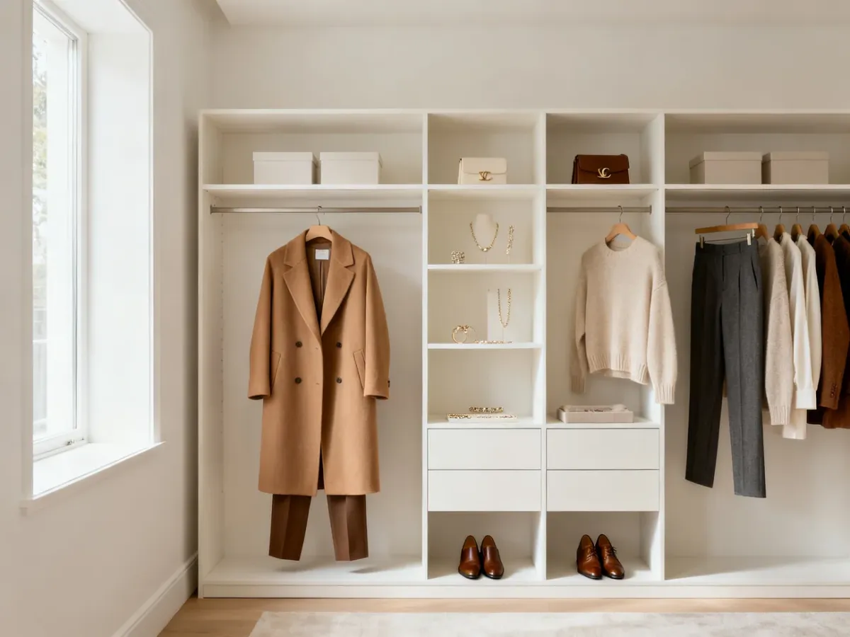 Logo-free capsule wardrobe arranged in a refined minimalist dressing room