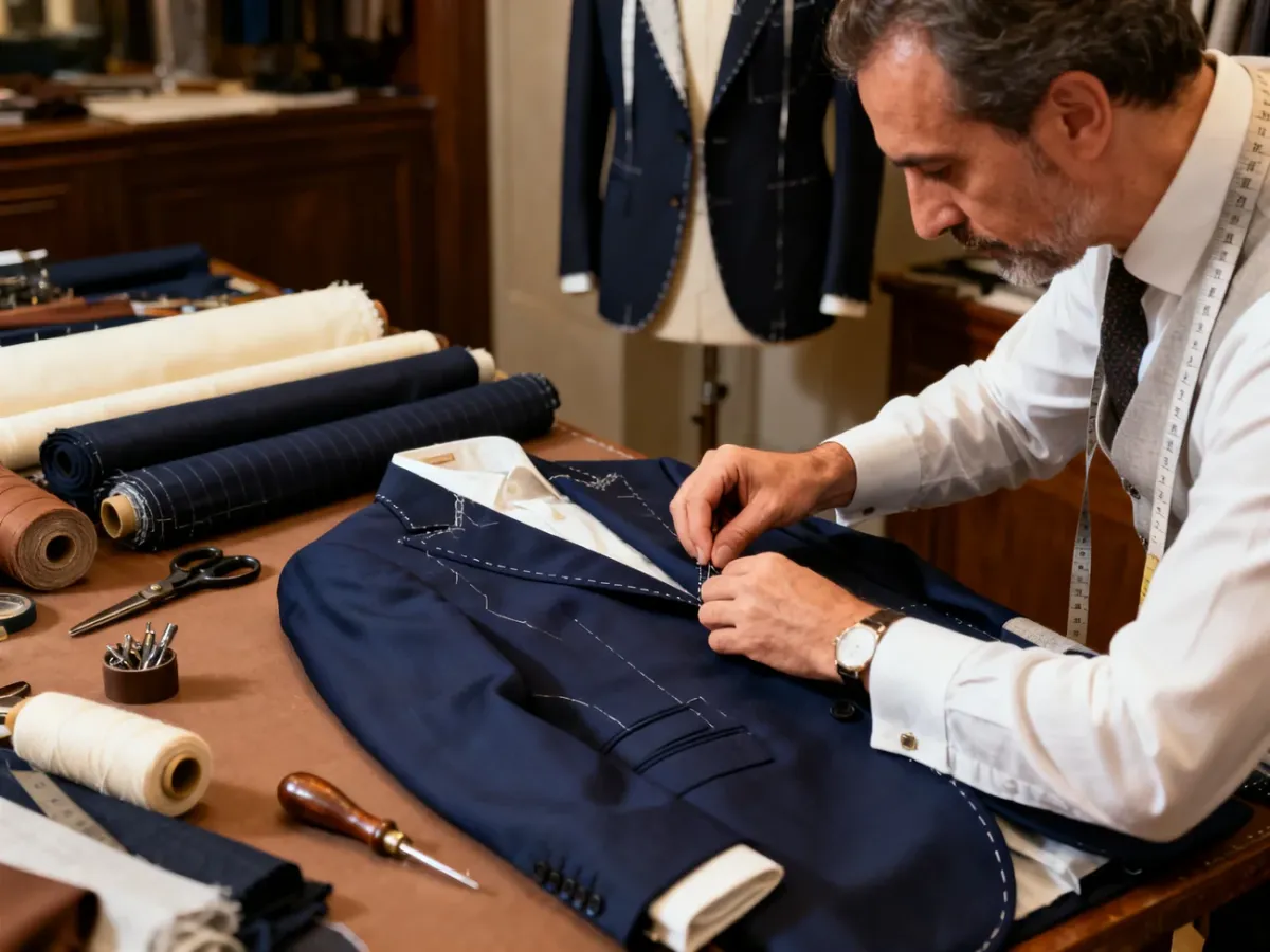 Krawiec ręcznie wykańczający granatową marynarkę w eleganckiej pracowni