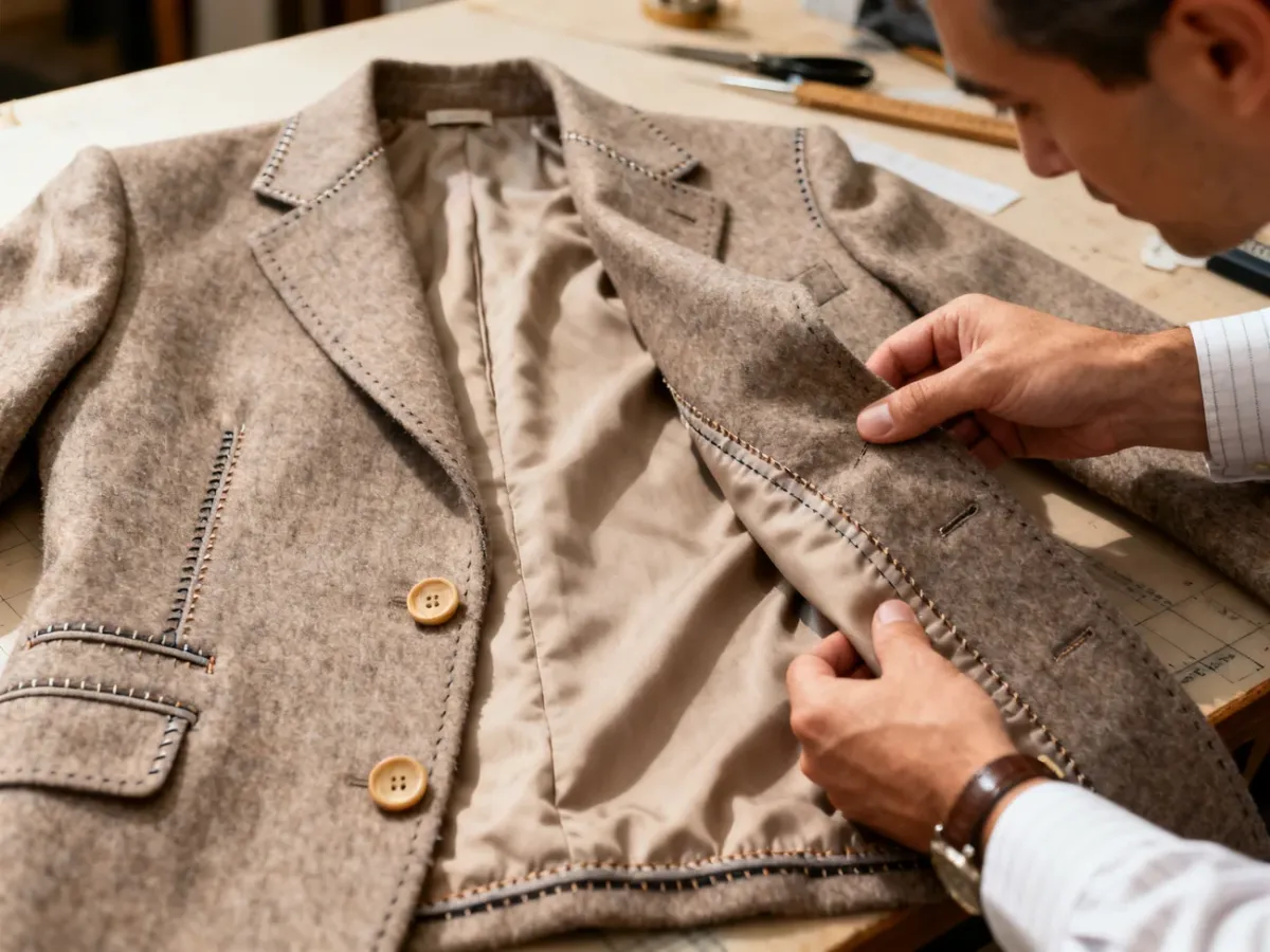 Tailor examining the careful construction and finishing of a luxury jacket