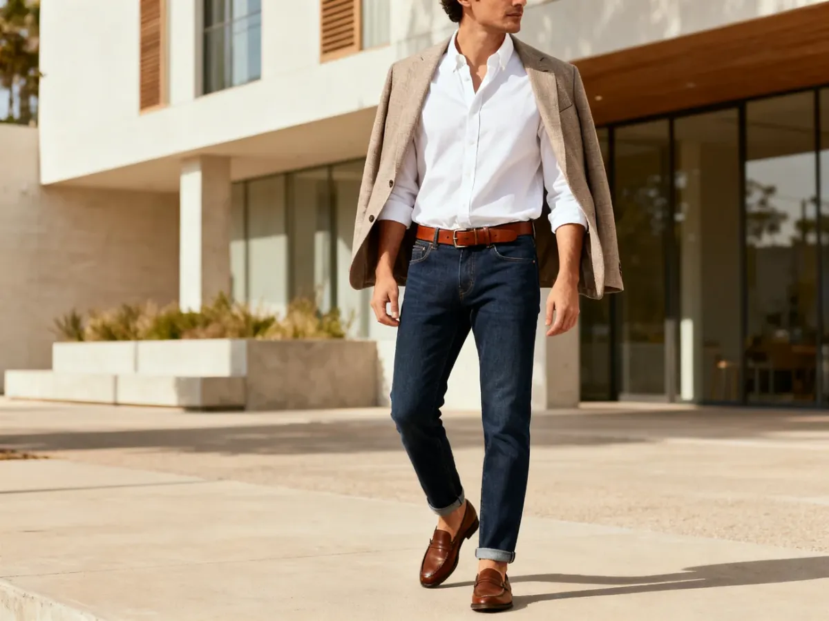 Biała koszula button-down w casualowej stylizacji z jeansami