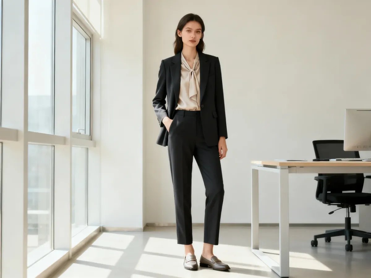 Kobieta w eleganckiej damskiej stylizacji smart casual z marynarką i mokasynami