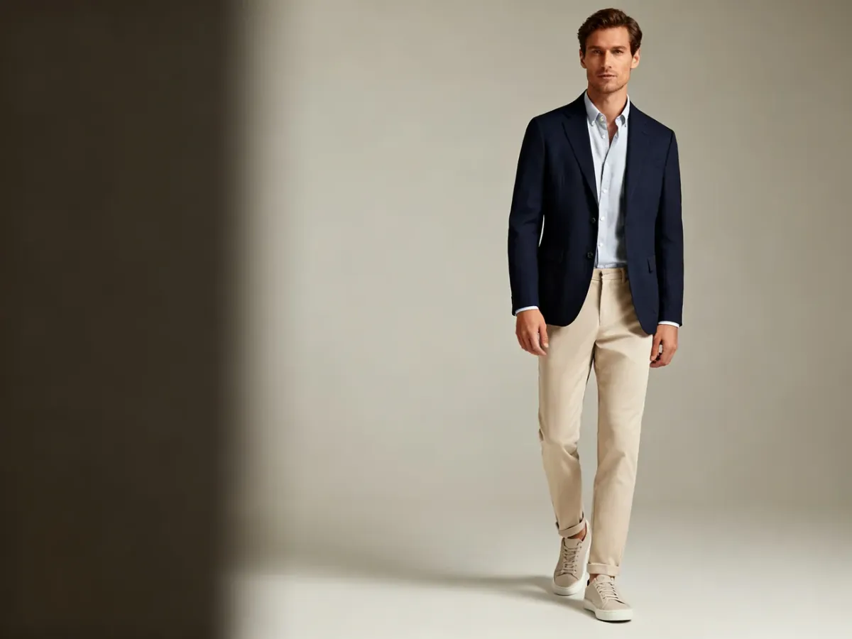 Mężczyzna w stylizacji smart casual z marynarką, chinosami i minimalistycznymi sneakersami