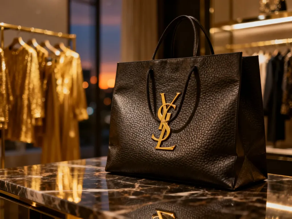 Luksusowa skórzana torba z logo na marmurowym blacie w tle eleganckiego butiku.