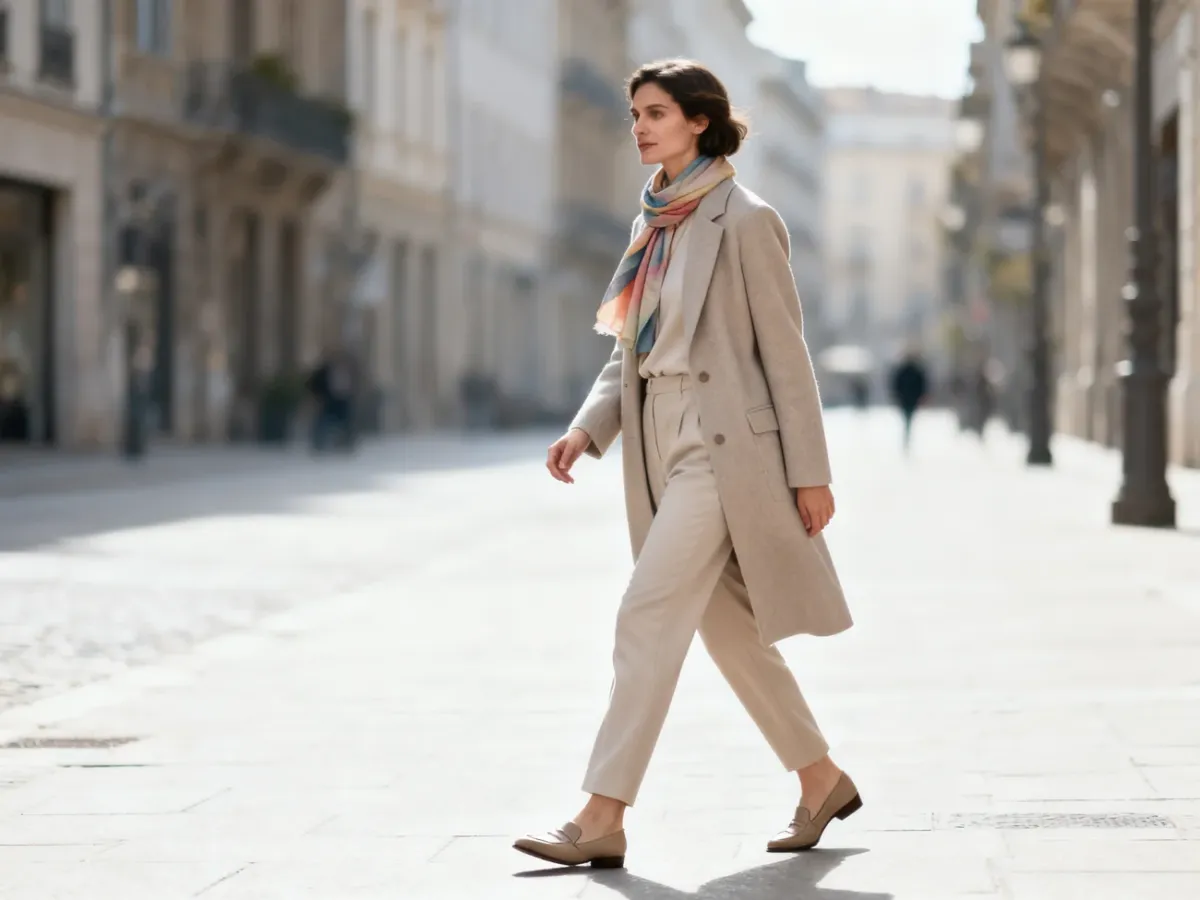 Kobieta w swobodnej, eleganckiej stylizacji spacerująca po mieście