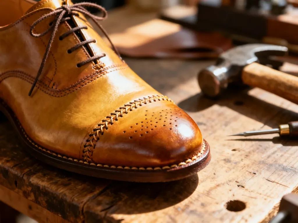 Zbliżenie na skórzane półbuty typu oxford z wyraźnym przeszyciem typu goodyear welt na warsztacie szewskim.