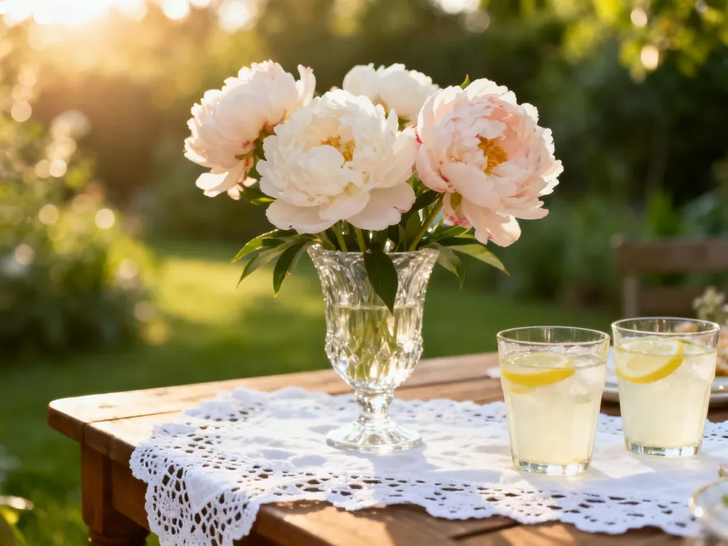 Elegancko nakryty stół w ogrodzie z piwoniami i lemoniadą, tworzący inspirujący klimat na letnie garden party.