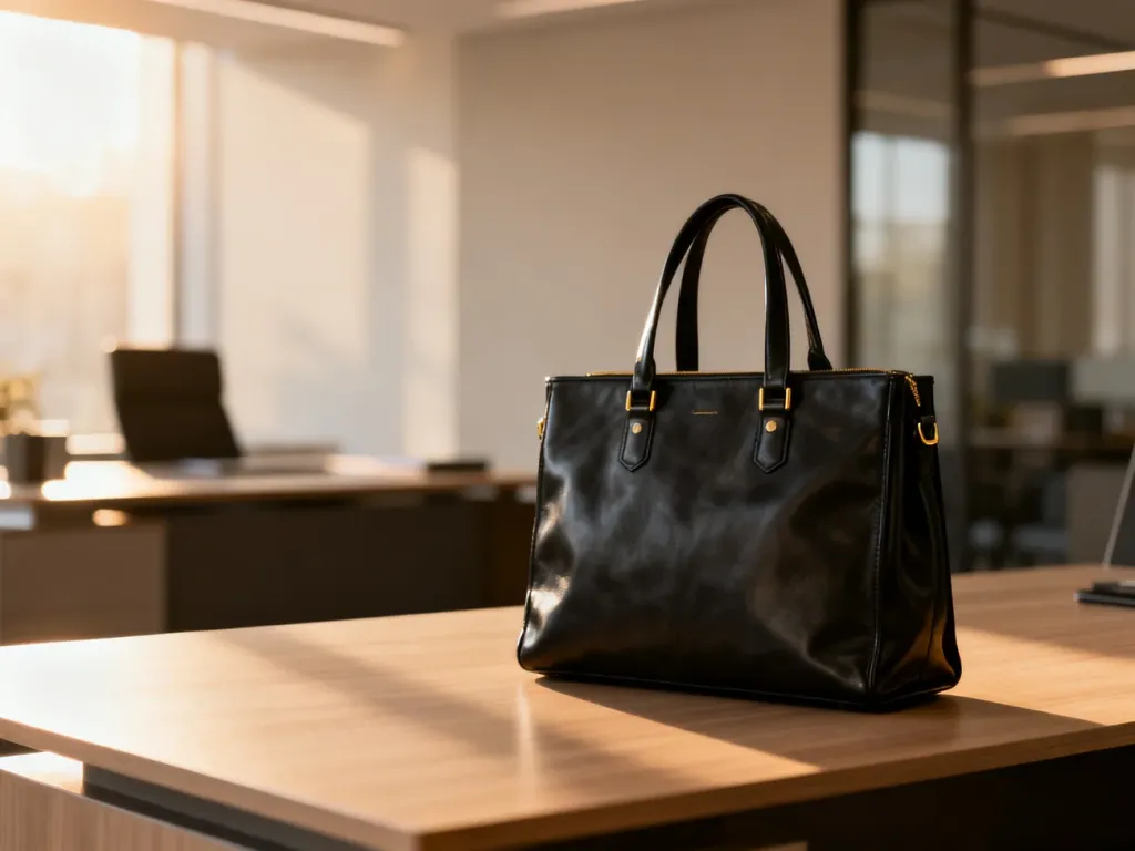 Elegancka czarna skórzana torebka typu tote na minimalistycznym biurku w słonecznym, nowoczesnym biurze.
