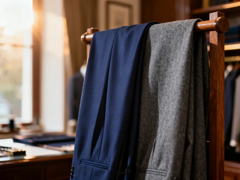 Eleganckie próbki wełnianych tkanin garniturowych w odcieniach granatu i szarości w luksusowym włoskim atelier krawieckim.