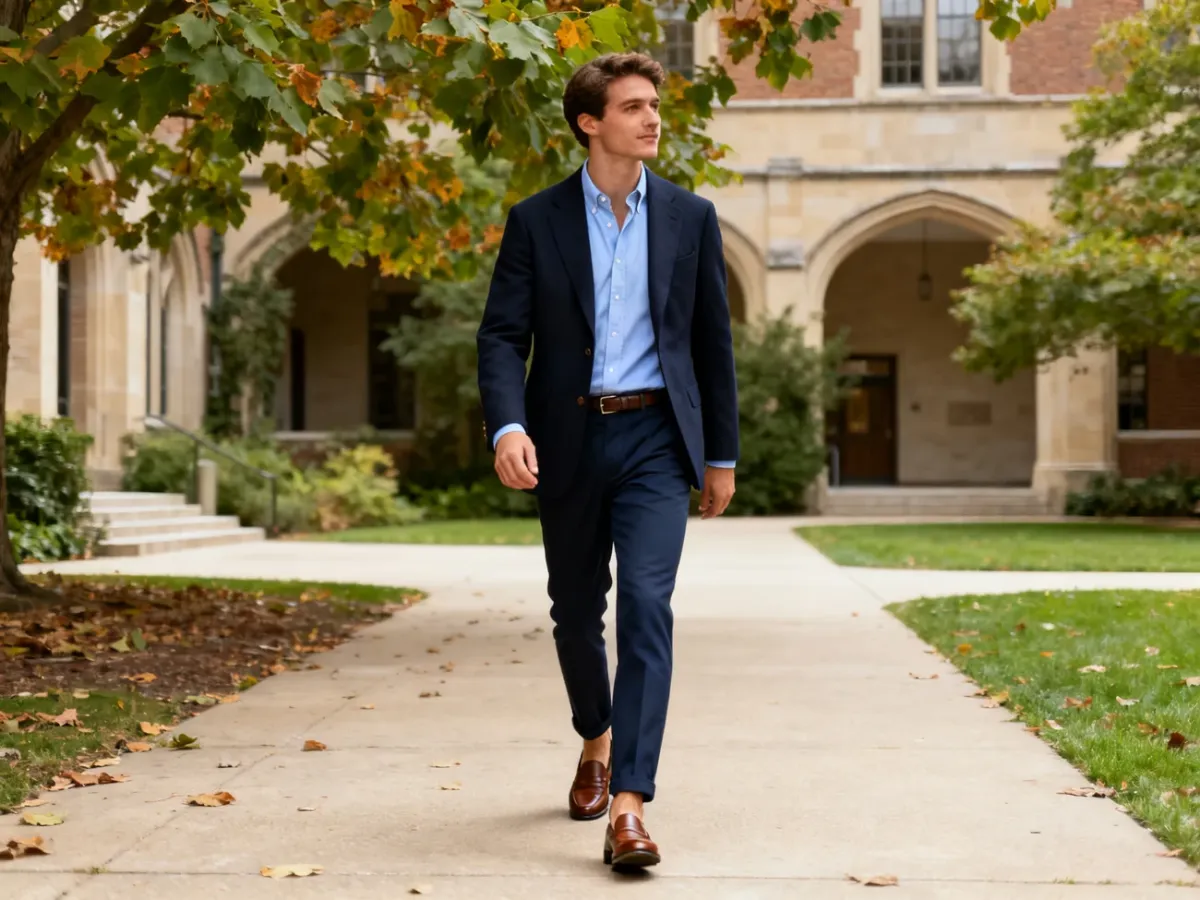Mężczyzna w eleganckiej stylizacji preppy z marynarką, koszulą oxford i loafersami