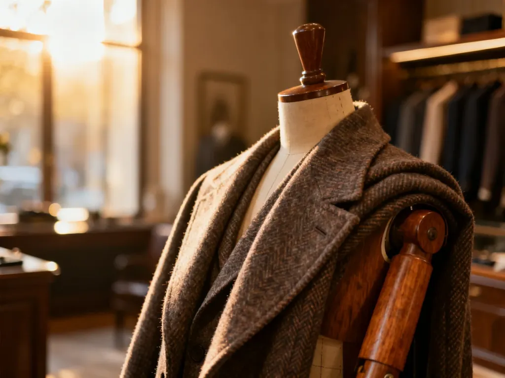 Zbliżenie na wysokiej jakości wełniany płaszcz męski przewieszony przez drewniane krzesło w eleganckim butiku.