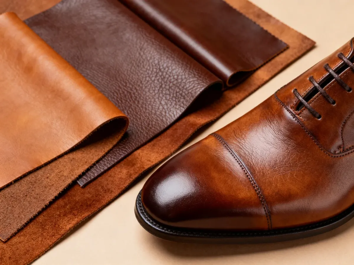 Próbki skóry cielęcej i licowej obok eleganckiego skórzanego buta