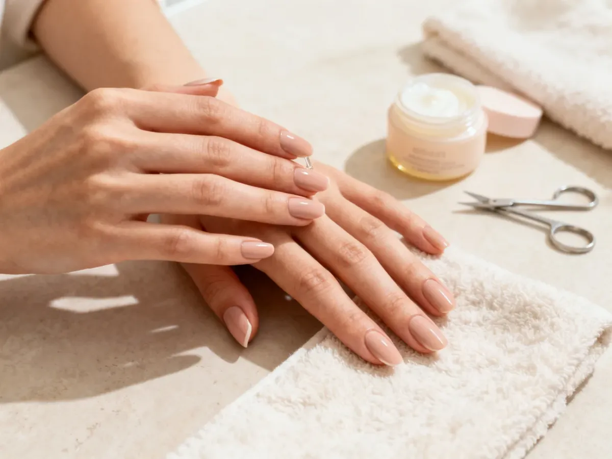 Zadbane dłonie z delikatnym nude manicure i oliwką do skórek