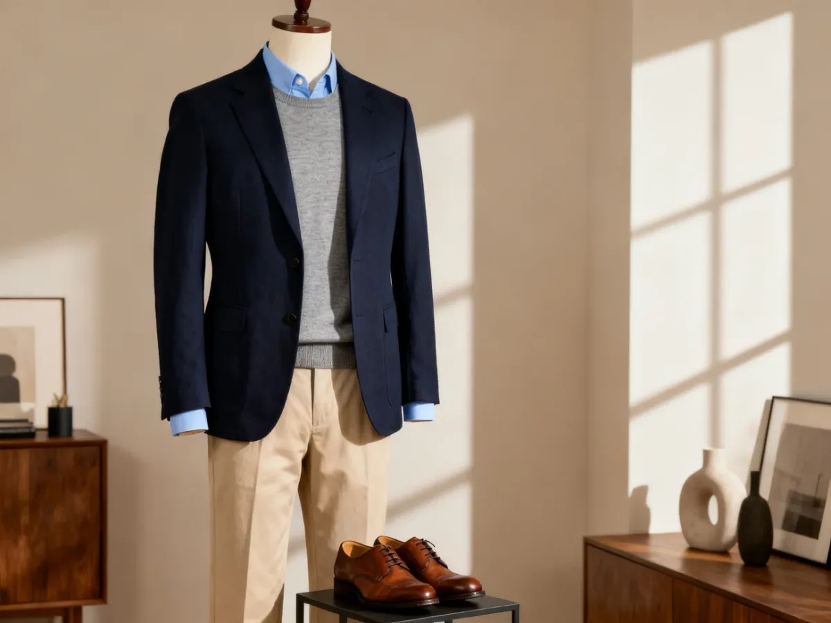 Warstwowa stylizacja męska smart casual z koszulą, swetrem i marynarką